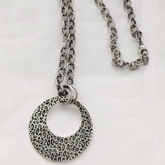 ab 925 Sterling Silver Leopard Etched Pendant Disc Chain Link Necklace - Picture 1 of 5